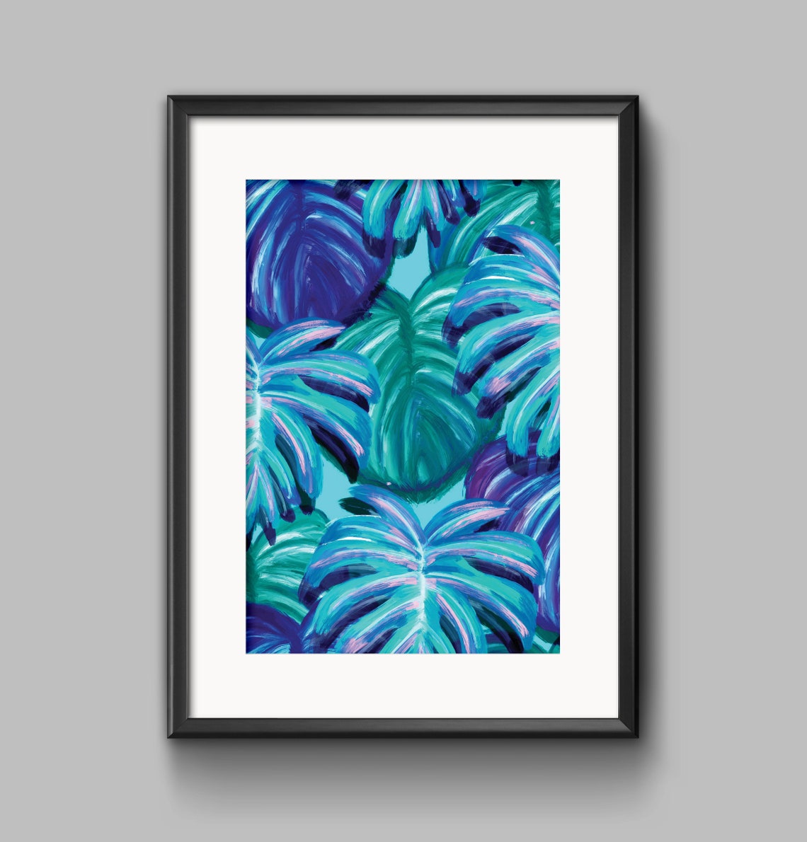 Blue Monstera Leaves Tropical Botanical Abstract Wall Art Decor