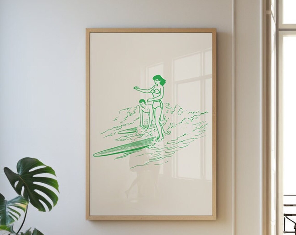 Vintage Green Surfer Girl Wave Surf Line Art Retro Beach Poster