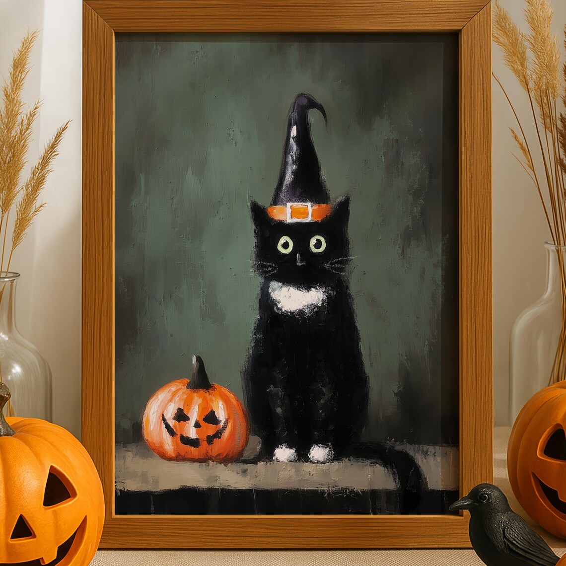 Black Cat Witch Halloween Wall Art Jack O Lantern Pumpkin October Print Spooky Fall Painting Witchy Decor