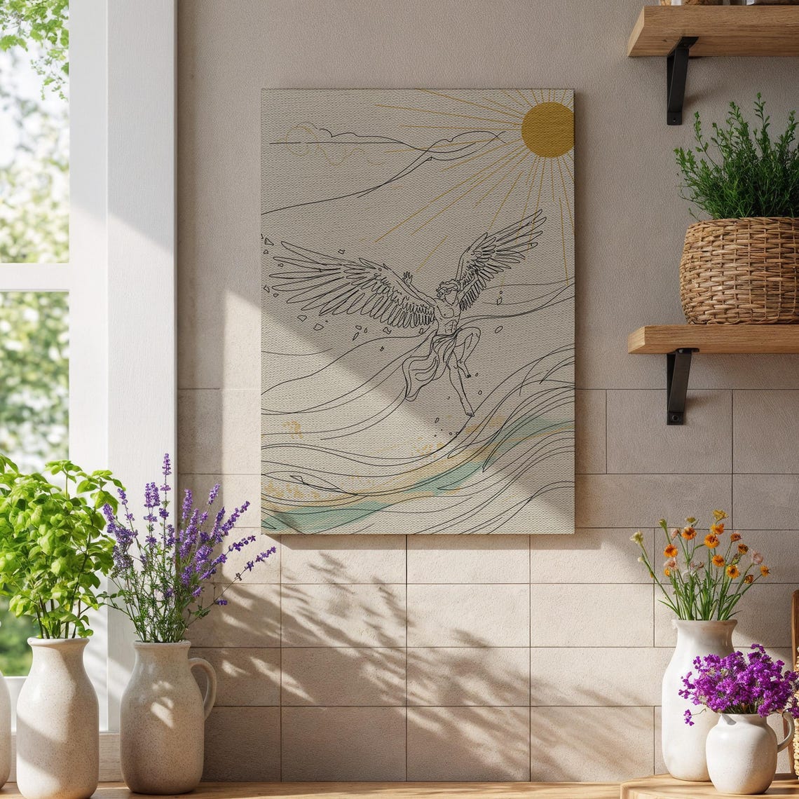 Icarus Line Art Print Greek Myth Wall Poster Minimal Flying Man Drawing Sun Wings Canvas Decor Fall Of Illustration Home