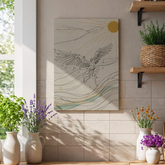 Icarus Line Art Print Greek Myth Wall Poster Minimal Flying Man Drawing Sun Wings Canvas Decor Fall Of Illustration Home