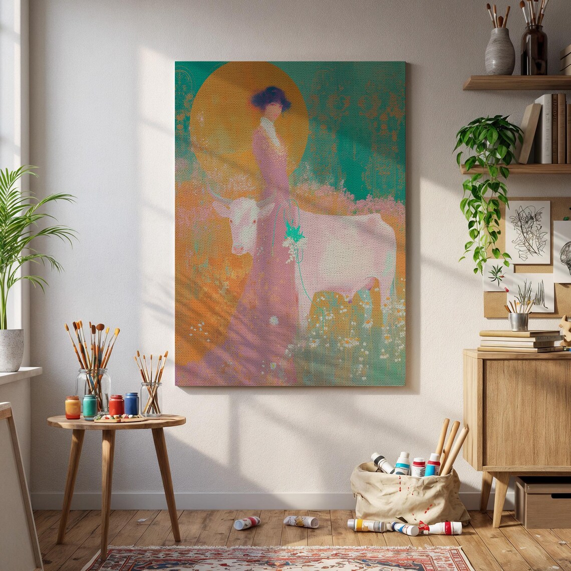 Woman With White Cow Pastel Dreamy Farm Fantasy Scene Poster