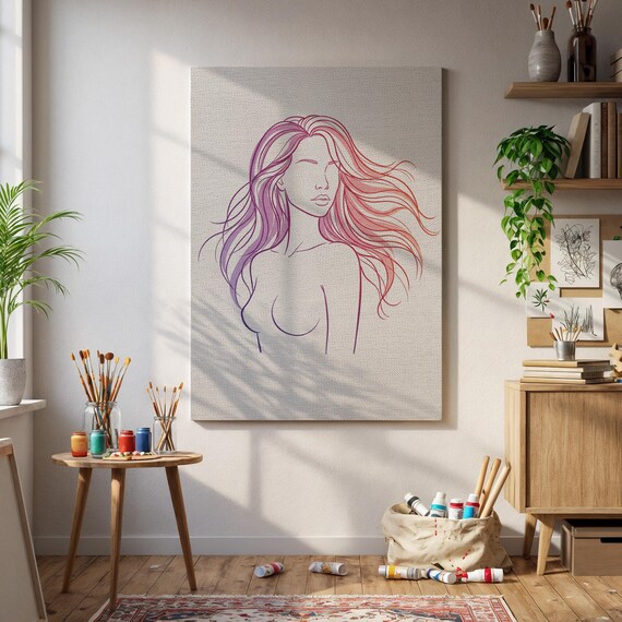 Framed Colorful Hair Woman Line Art Canvasfeminine Body Drawingminimalist Wall Poster For Bathroom Decor Or Empowering Gift Her Home
