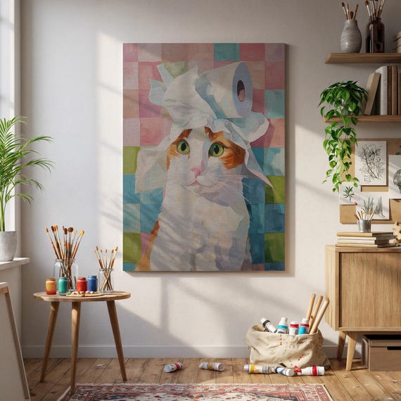 Funny Cat Wall Art Whimsical Toilet Paper Hat Poster With Pastel Grid Playful Expression For Cute Colorful Home Decor