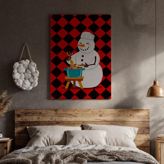 Snowman Chef Pasta Canvas Print Funny Christmas Kitchen Wall Art Red Plaid Rustic Holiday Decor Framed Gift For Food Lovers Unique