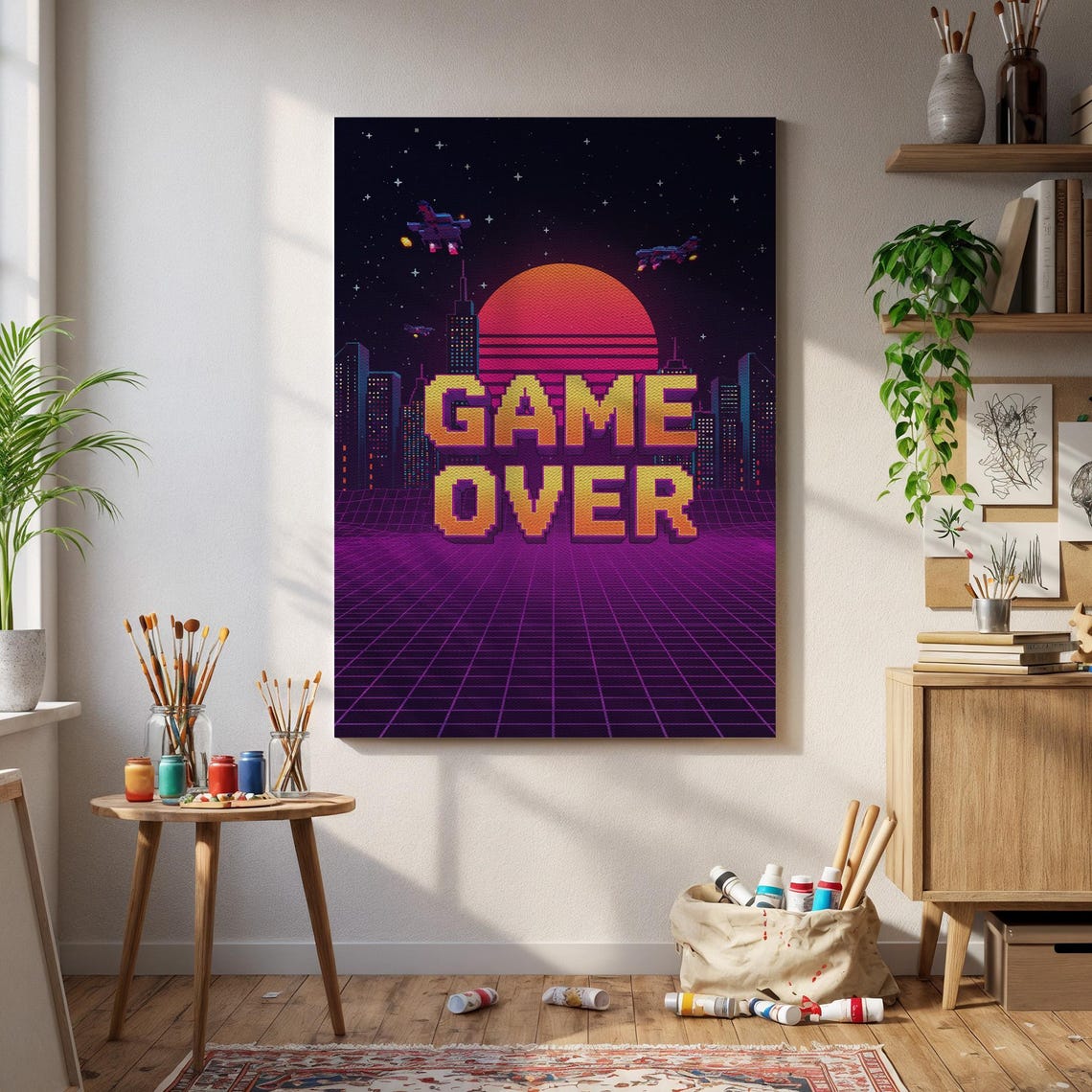 Retro Game Over Pixel Art Poster 80s Vaporwave Arcade Sunset Print Neon Grid Cityscape Gamer Wall Decor Nostalgic Geek Gift
