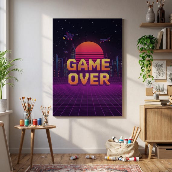 Retro Game Over Pixel Art Poster 80s Vaporwave Arcade Sunset Print Neon Grid Cityscape Gamer Wall Decor Nostalgic Geek Gift