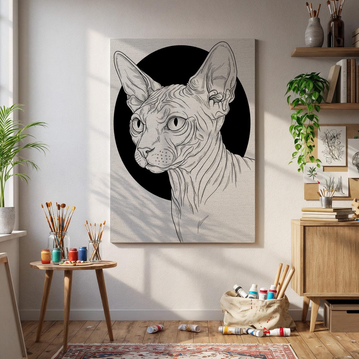Sphynx Cat Line Art Minimalist Black White Feline Ink Style Poster