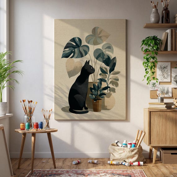 Minimalist Cat Plant Wall Art Modern Black Illustration With Monstera Leaves Potted Plants On Neutral Canvas Background
