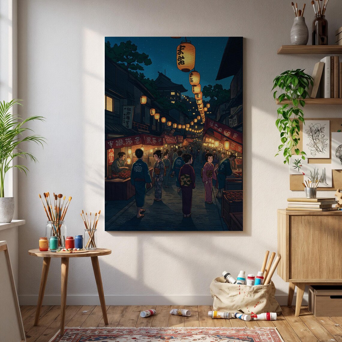 Japanese Night Market Lantern Street Festival Kimono Crowd Poster