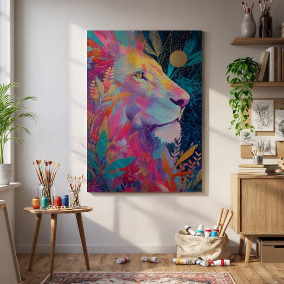 Colorful Lion Wall Art Vibrant Jungle King Canvas Print With Botanical Patterns And Gold Moon Modern Boho Animal Decor For Home
