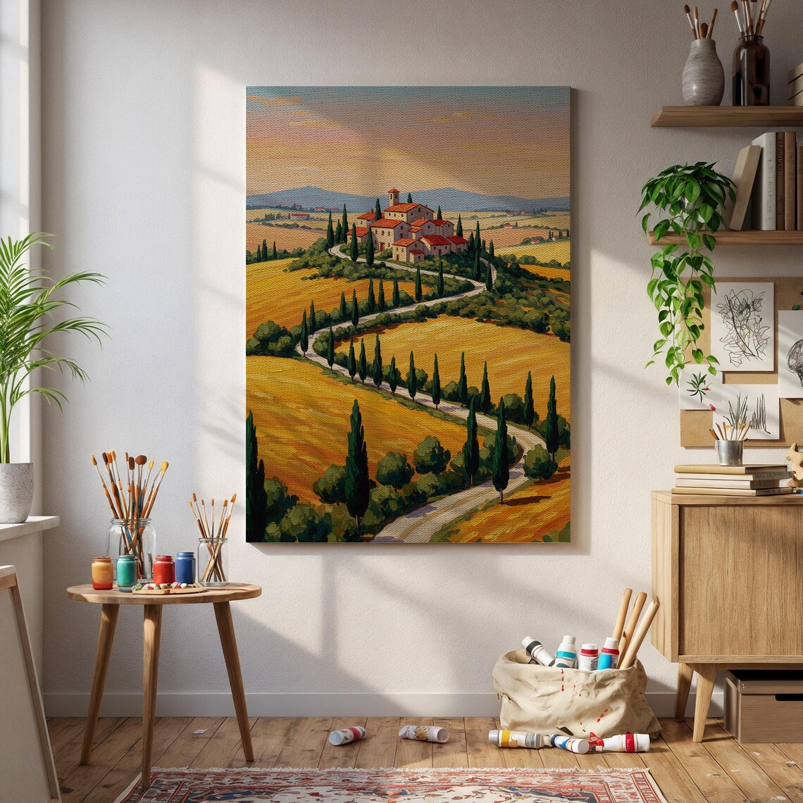 Tuscan Countryside Landscape Poster Golden Hills and Farm Village