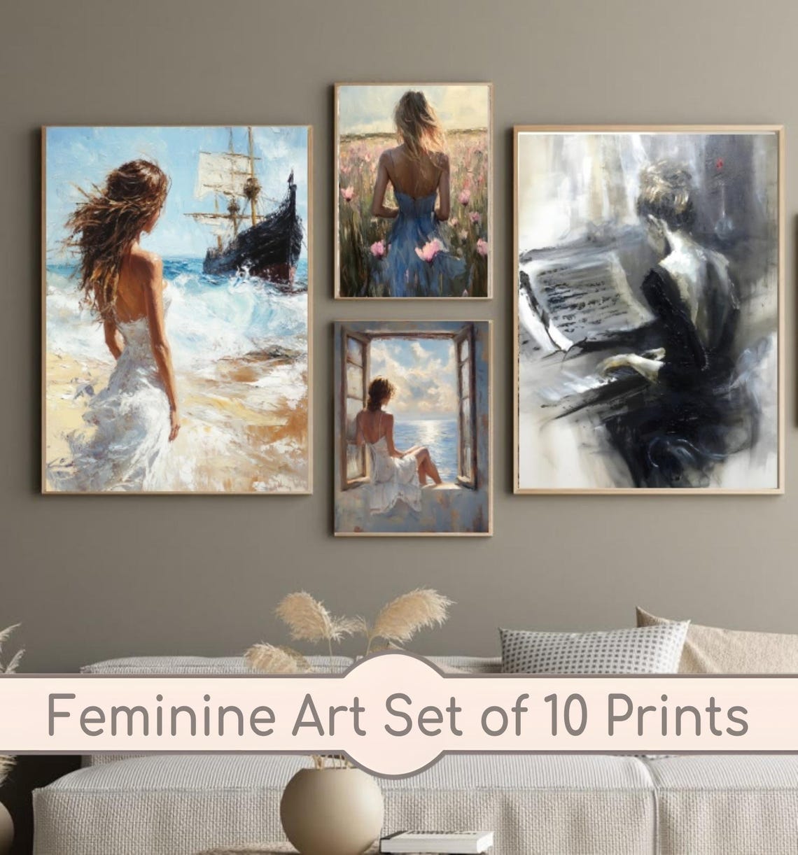 Feminine Women Art Print Set Romantic Beach and Piano Scenes