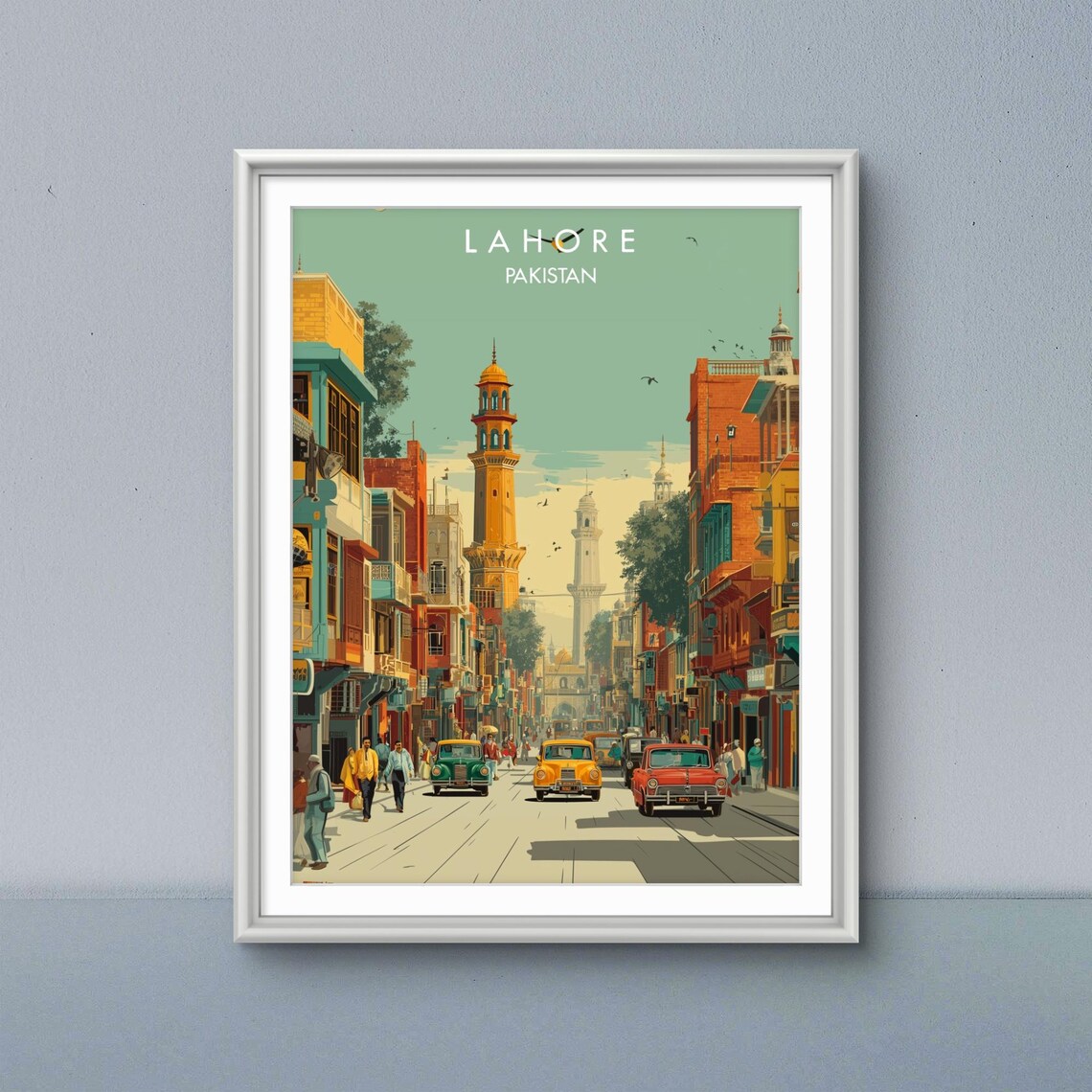 Lahore Pakistan Vintage Travel Poster Walled City Street Minaret Scene