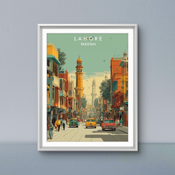 Lahore Pakistan Vintage Travel Poster Walled City Street Minaret Scene