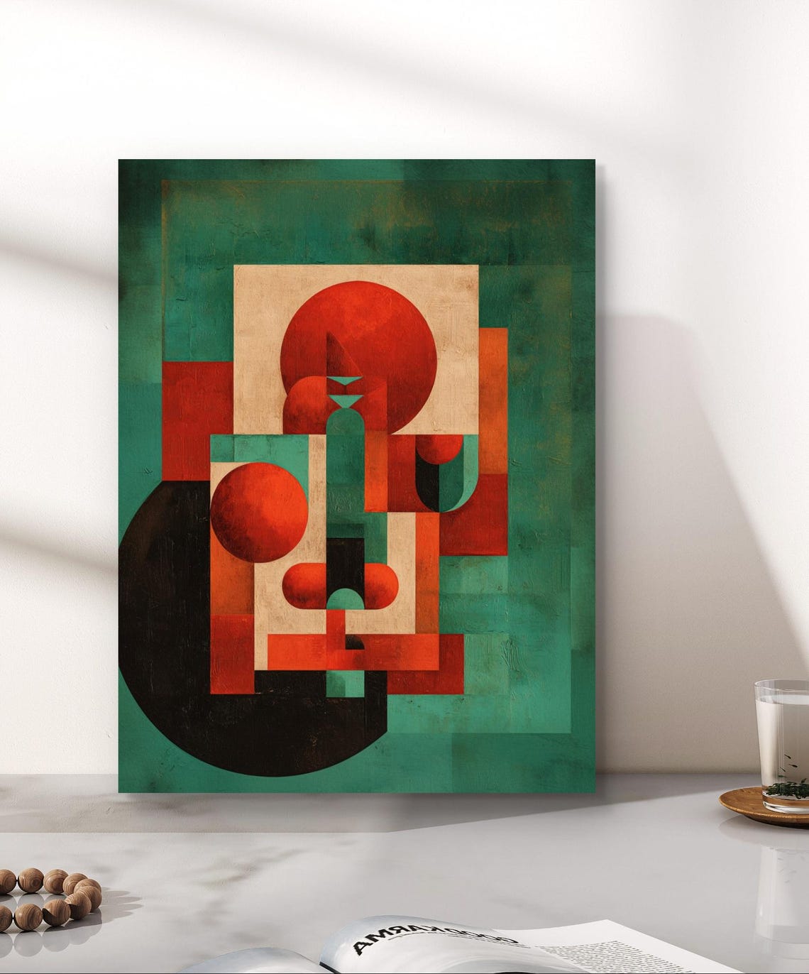 Abstract Geometric Teal Red Bauhaus Circles Retro Modern Wall Art