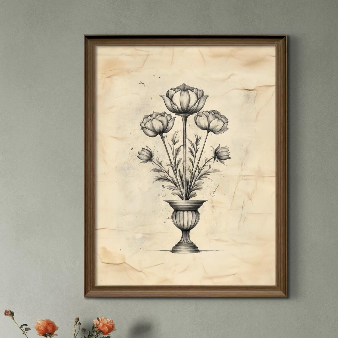 Vintage Botanical Peony Vase Hand Drawn Floral Sketch Poster