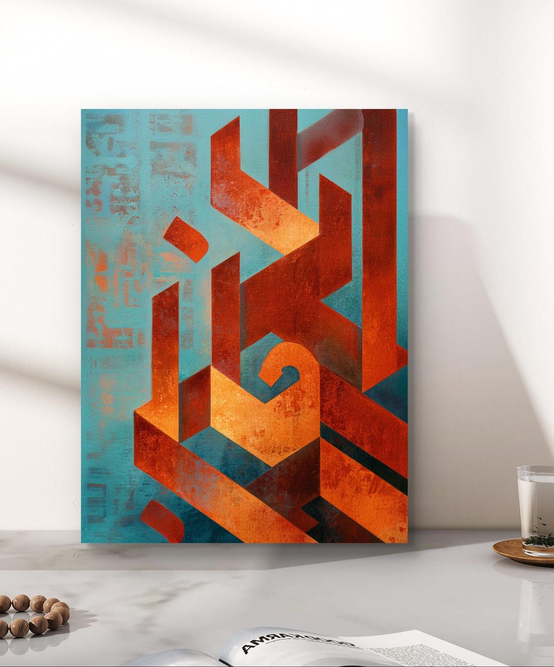 Geometric Arabic Calligraphy Rust Teal Modern Abstract Art Poster