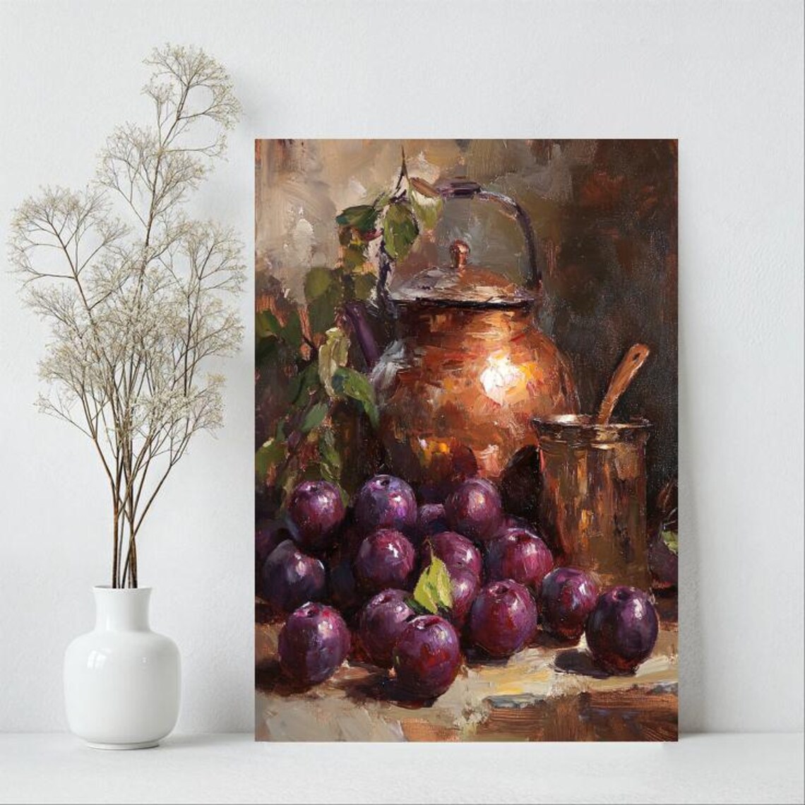 Vintage Plum Still Life, Copper Kettle Wall Art