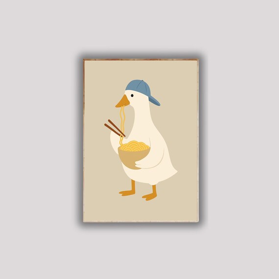 Silly Goose Eating Noodles Poster Funny Duck Wall Art Quirky Ramen Bird Print Whimsical Animal Decor For Food And Pet Lovers
