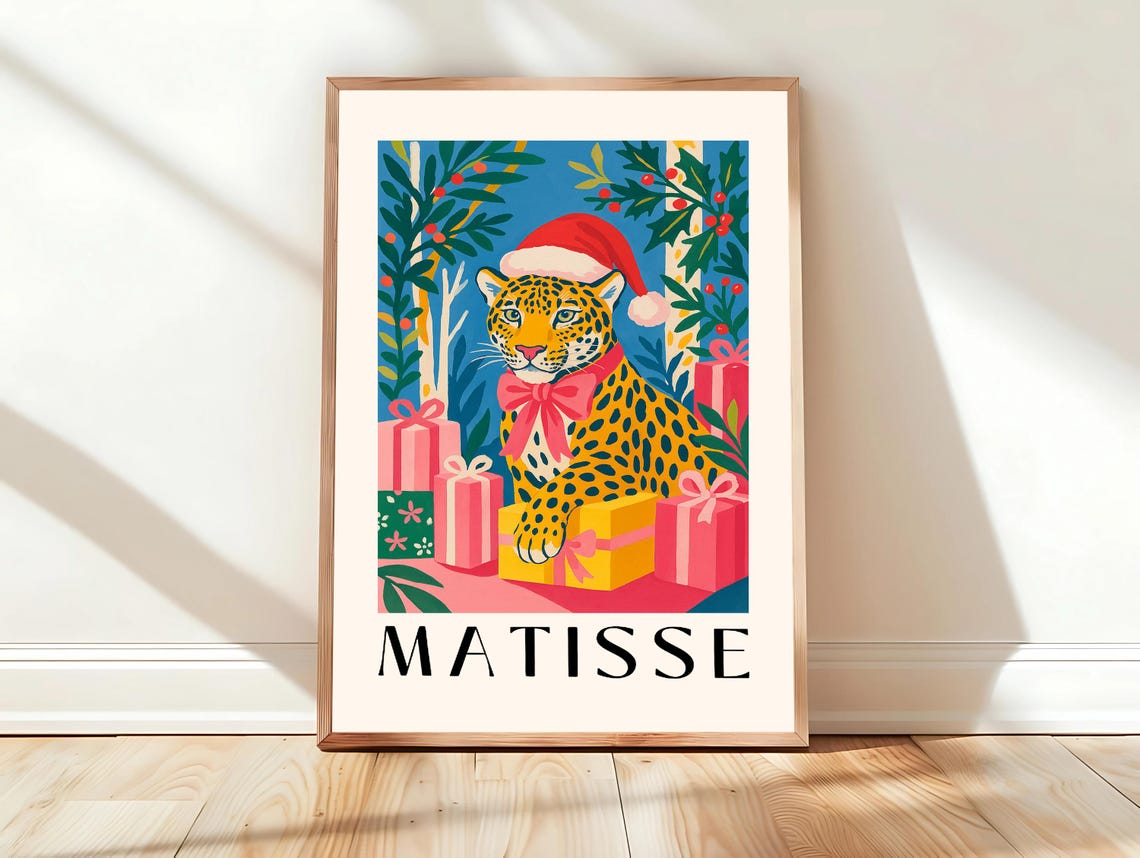 Leopard in Santa Hat Christmas Gifts Matisse Style Holiday Poster
