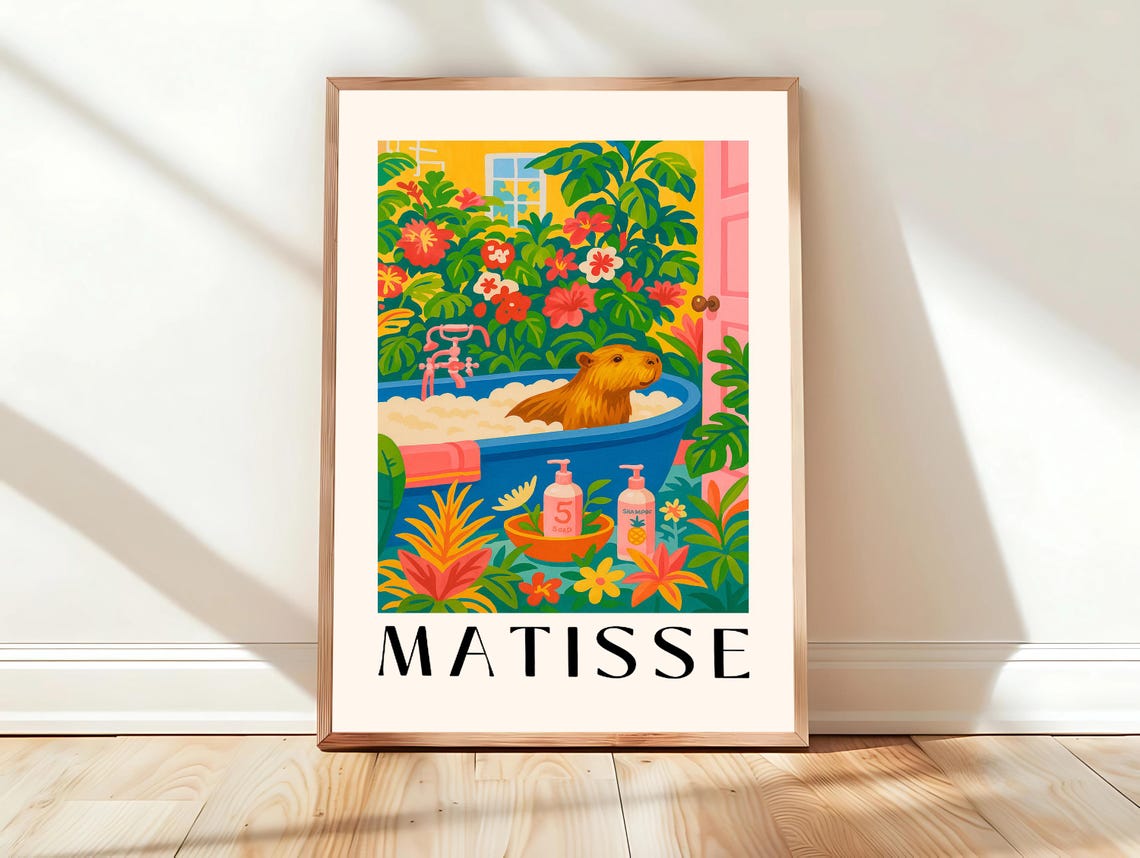 Capybara in Bathtub Tropical Garden Matisse Style Art Poster