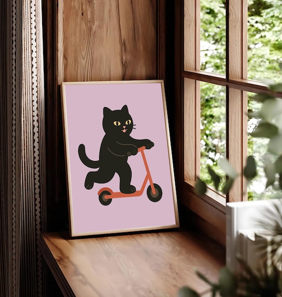 Black Cat Riding Scooter Pink Cute Cartoon Kitty Wall Poster