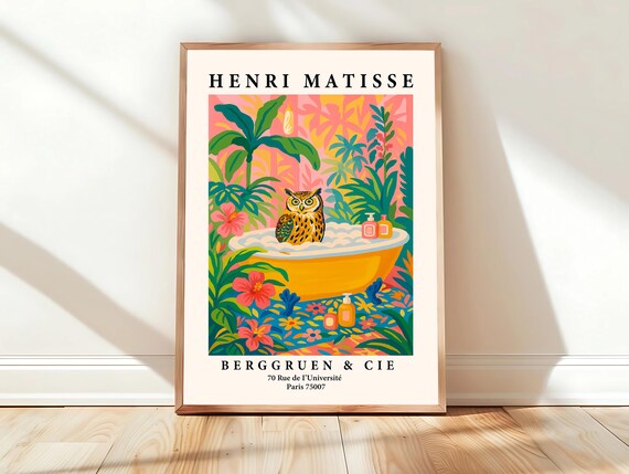 Henri Matisse Style Owl in Yellow Bathtub Pink Tropical Print