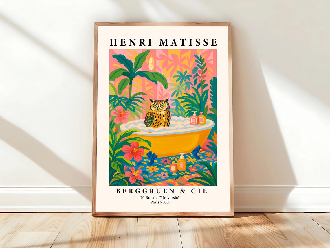 Henri Matisse Style Owl in Yellow Bathtub Pink Tropical Print