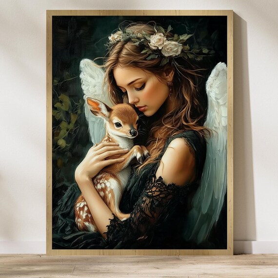 Ethereal Angel Woman Tenderly Embracing A Sweet Baby Fawn Poster