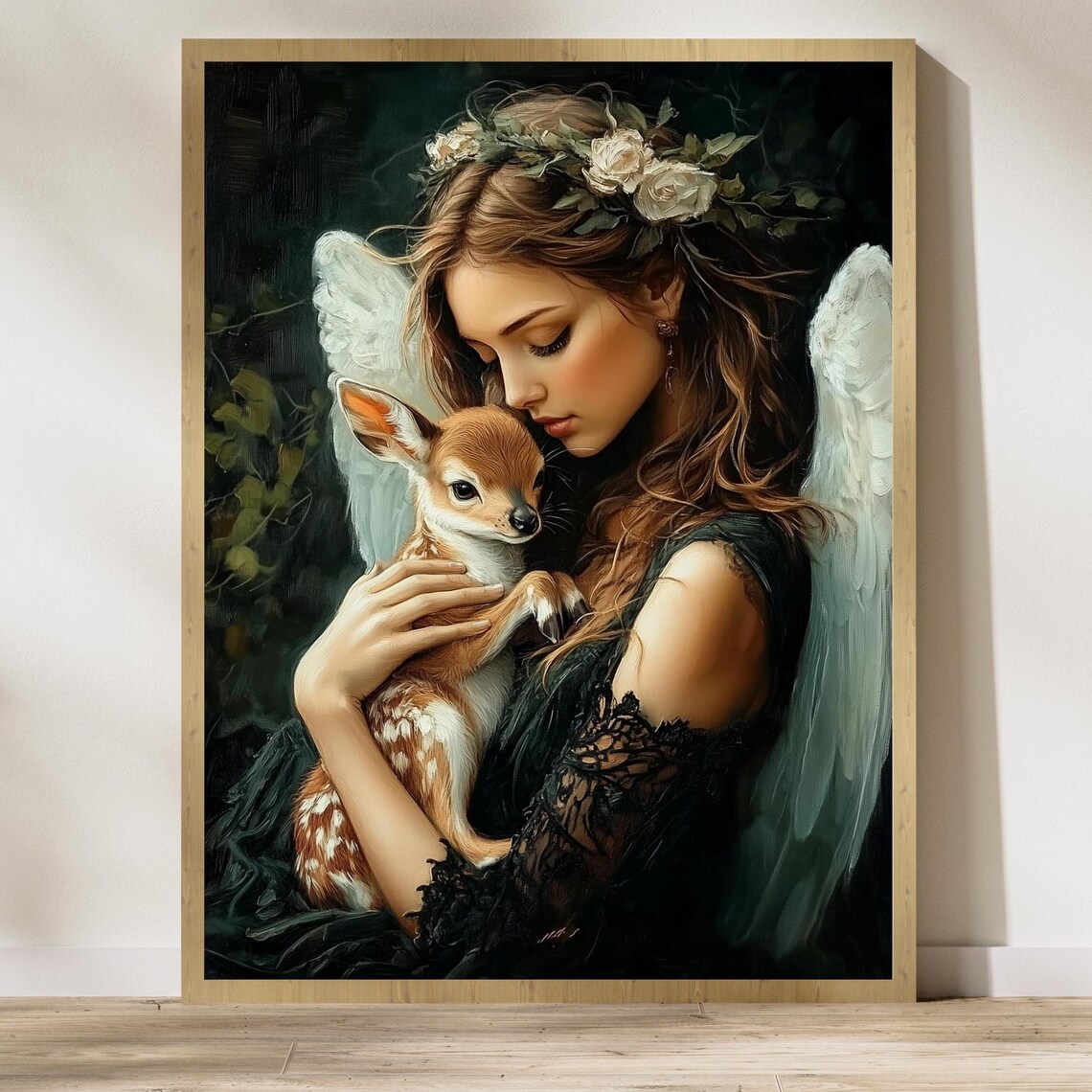 Ethereal Angel Woman Tenderly Embracing A Sweet Baby Fawn Poster
