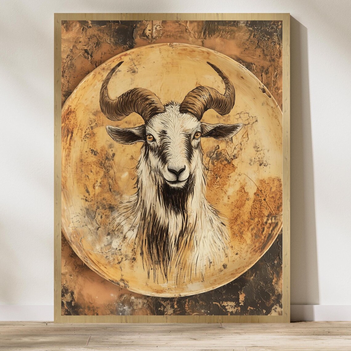 Rustic Goat Portrait Golden Moon Poster Horned Goat Vintage Farm Art