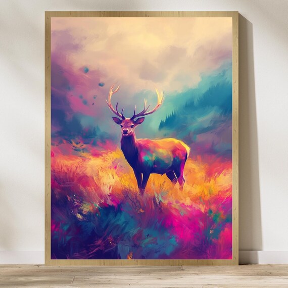Colorful Stag Dreamy Landscape Poster Abstract Deer Vibrant Nature Art