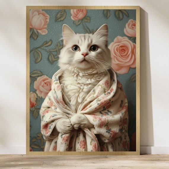 Tabby Cat In Bathrobe Cat Wall Art Fluffy White Cat Wall Art Vintage Floral Print Cute Cat Wall Art