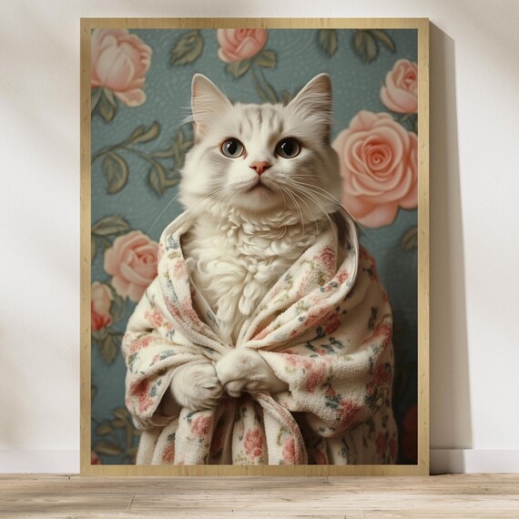 White Cat In A Floral Bathrobe Cute Vintage Rose Wallpaper Pet Poster