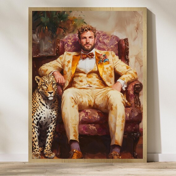Dapper Gentleman In Golden Suit Relaxing With Leopard Poster