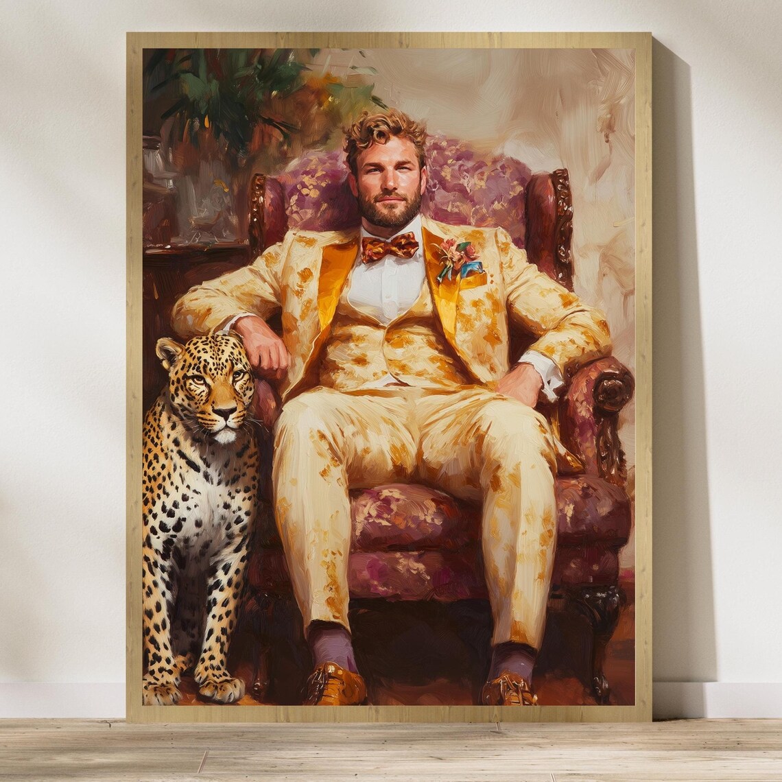 Dapper Gentleman In Golden Suit Relaxing With Leopard Poster