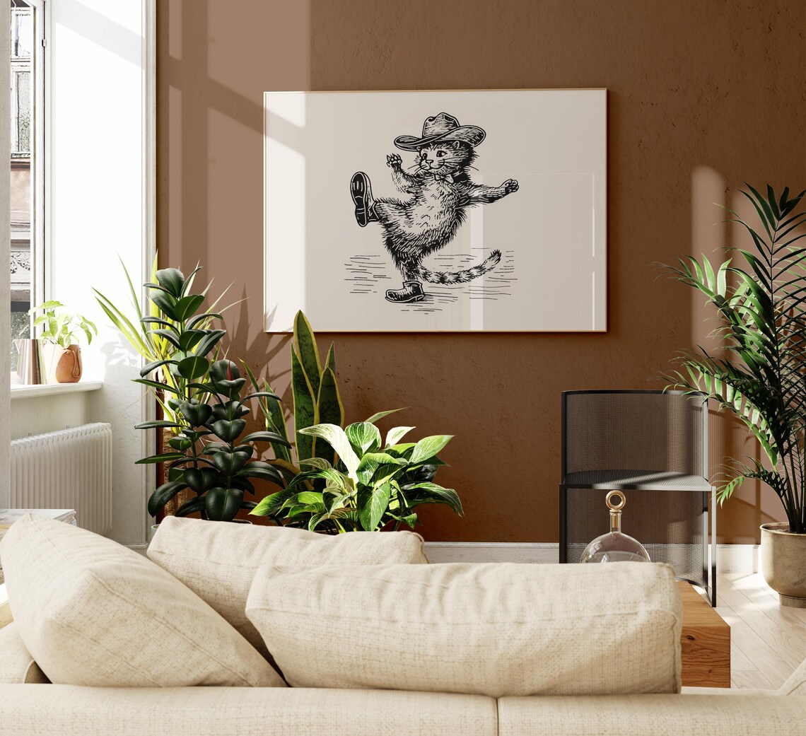 Cowboy Cat High Kick Dance Sketch Western Kitty Decor Poster - Image 2
