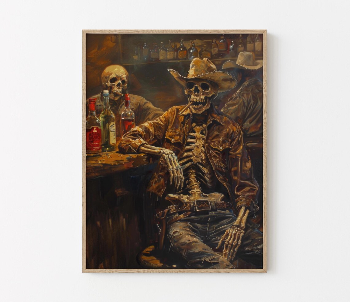 Skeleton Cowboy in a Bar, Western Oil Painting Print