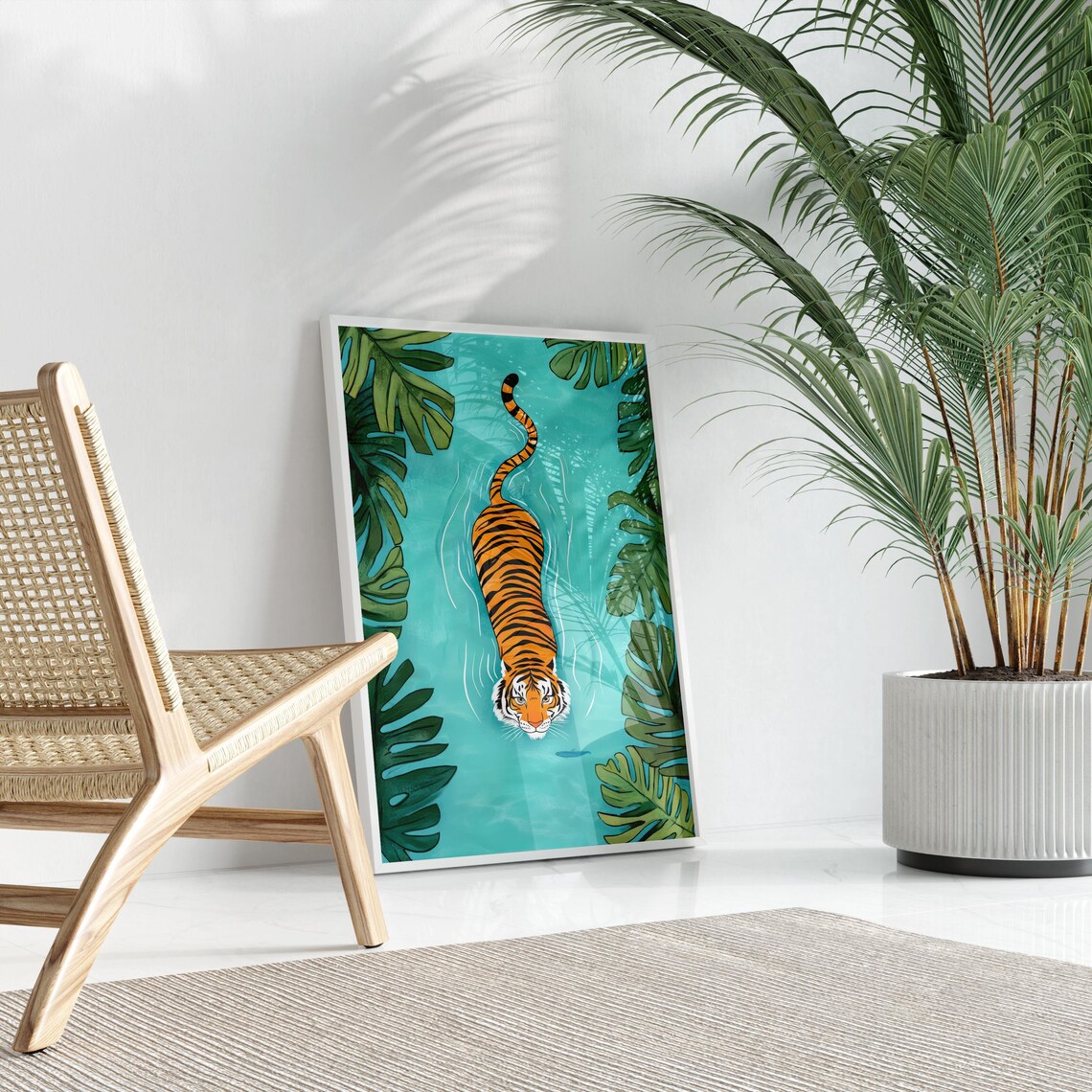 Tiger Swimming Turquoise River Tropical Monstera Leaves Poster - Image 3