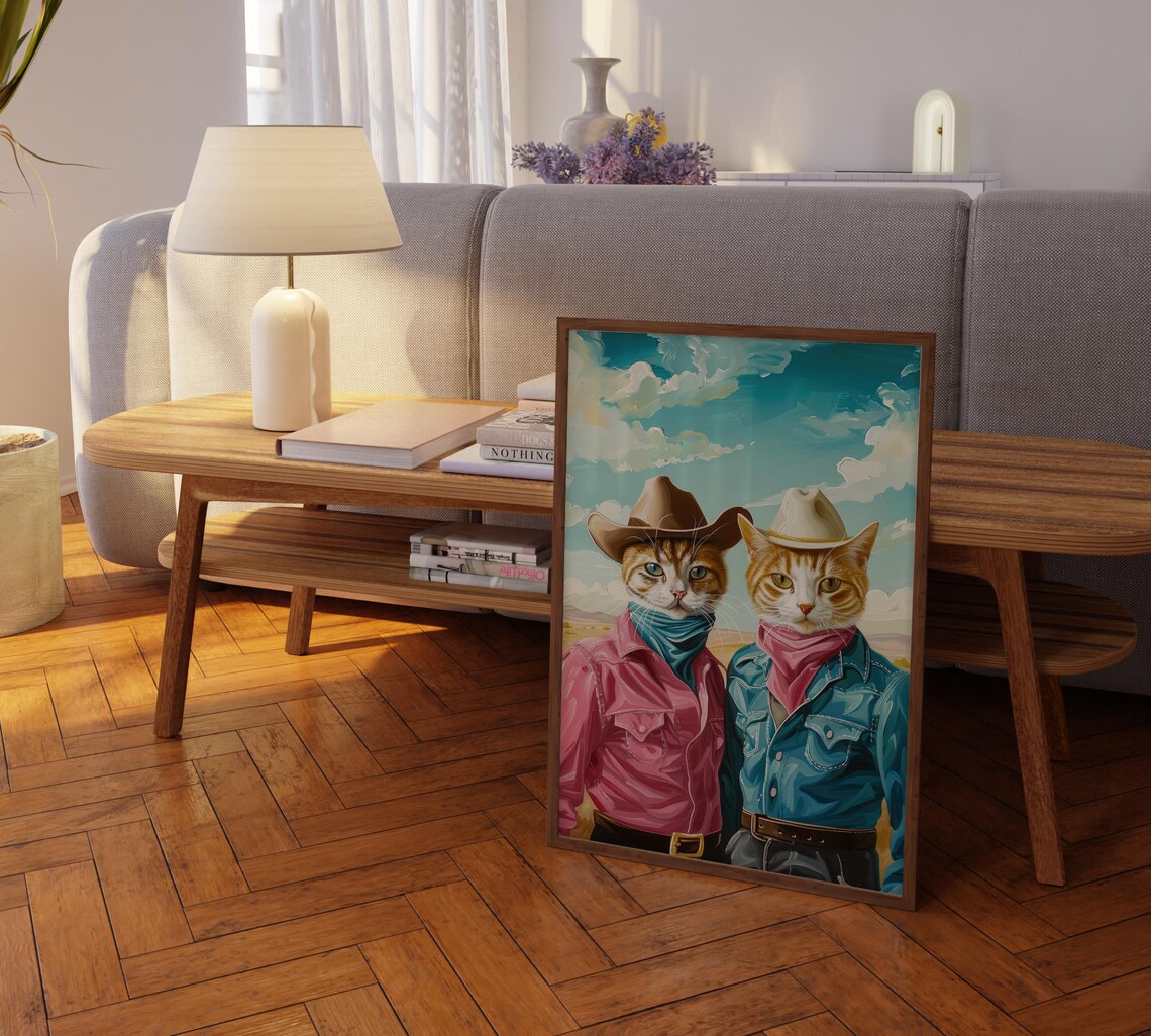 Cowboy Cats Oil Painting Poster with Two Orange Tabby Cowboys - Image 2