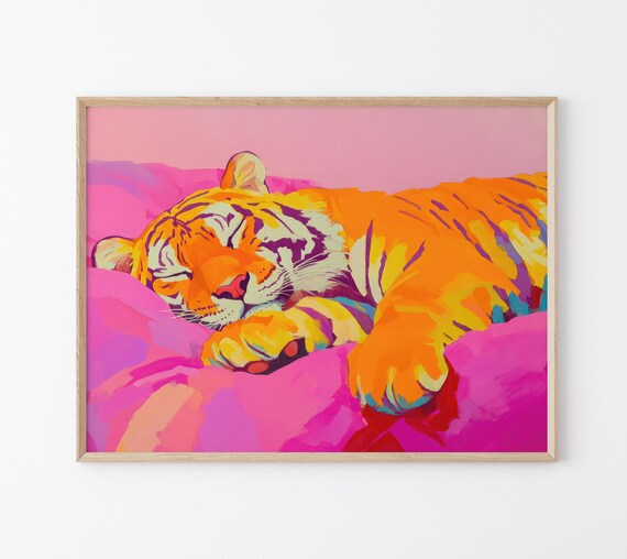 Sleeping Tiger On Pink Bed Front Paw Colorful Maximalist Poster