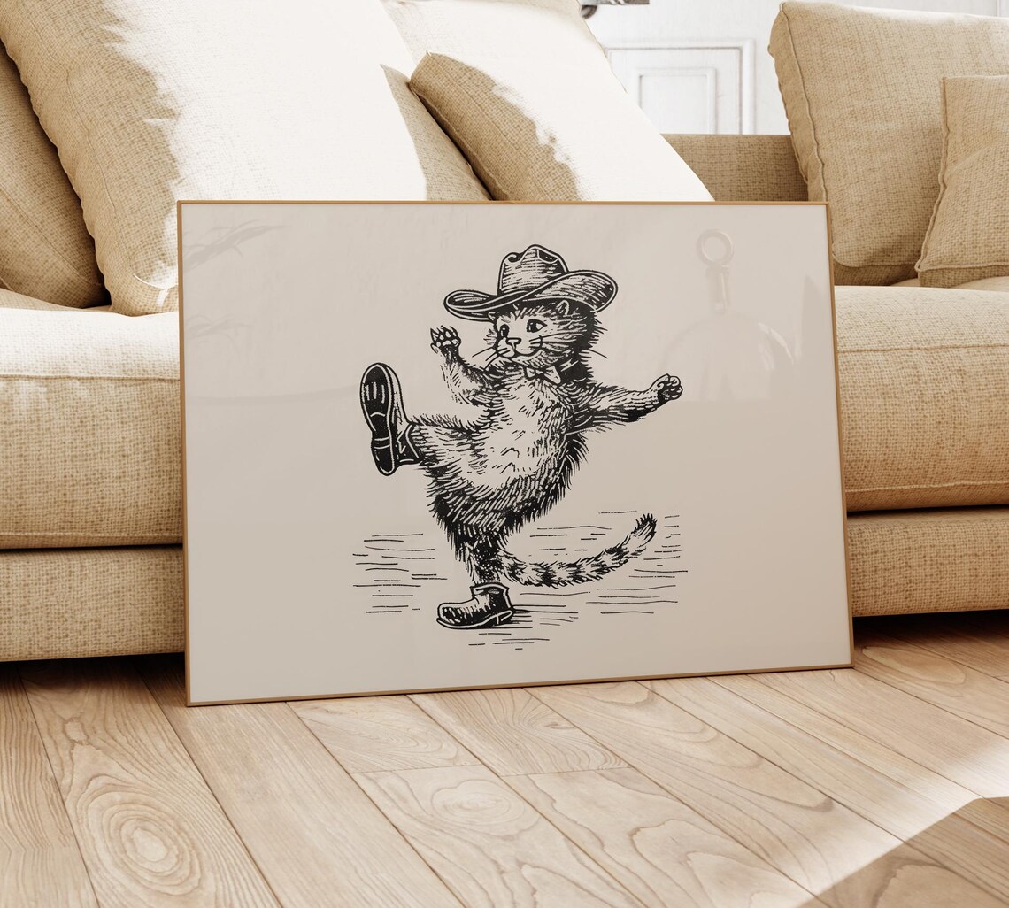 Cowboy Cat High Kick Dance Sketch Western Kitty Decor Poster - Image 4