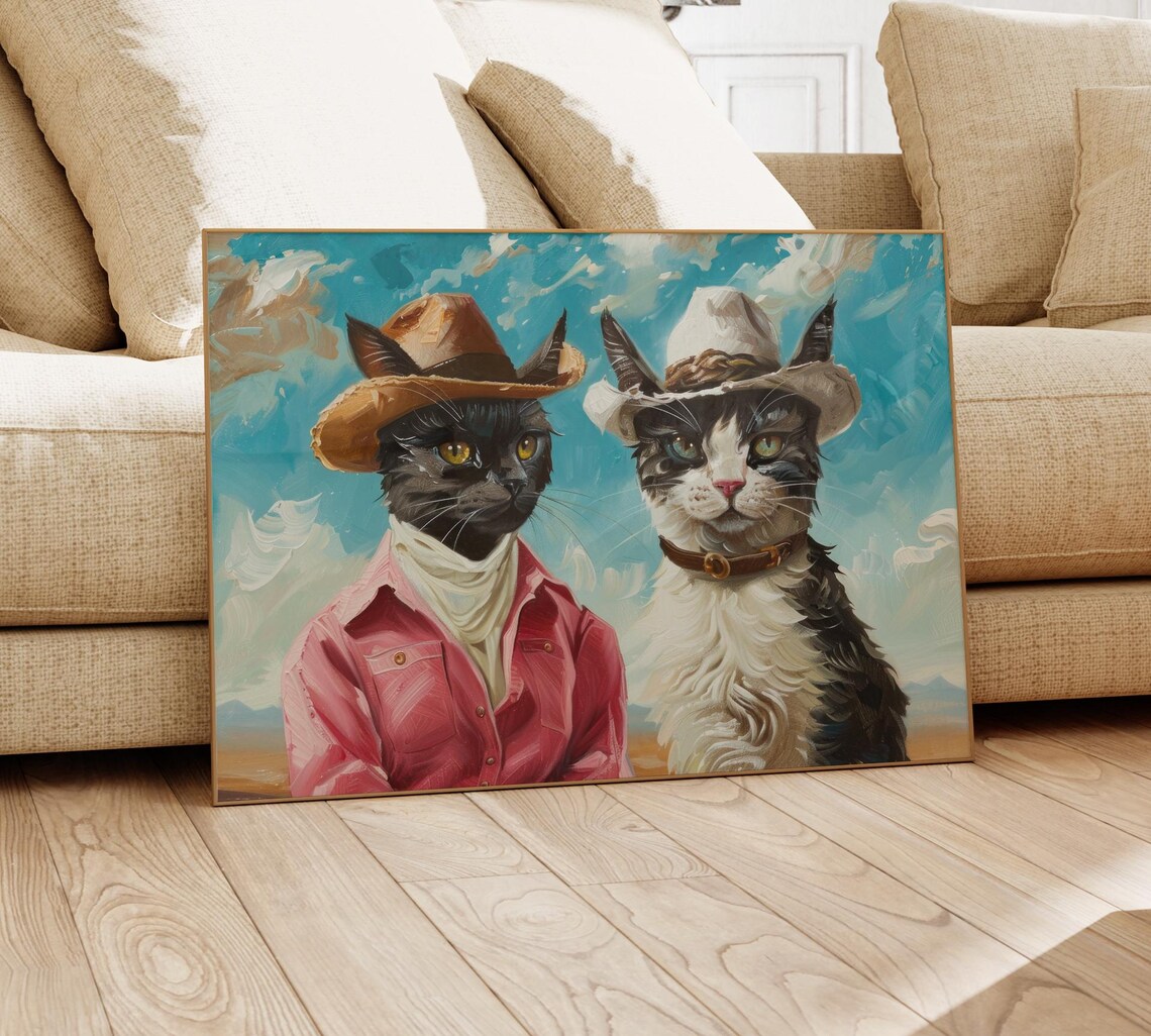 Two Cowboy Cats in Cowboy Hats Under a Desert Sky Painting Poster - Image 4