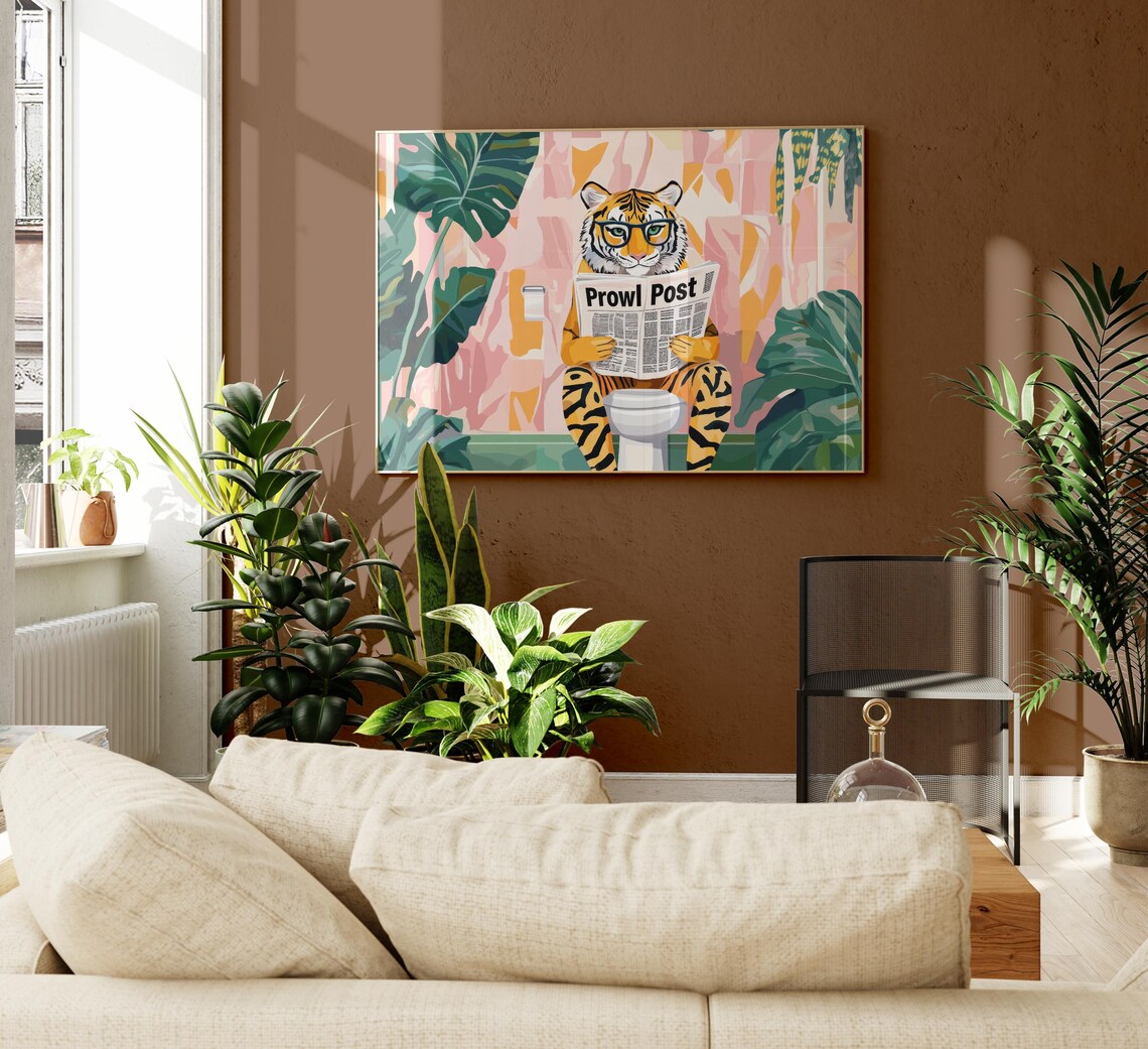 Blue Glasses Tiger Reading Prowl Post On Toilet Jungle Funny Poster - Image 2