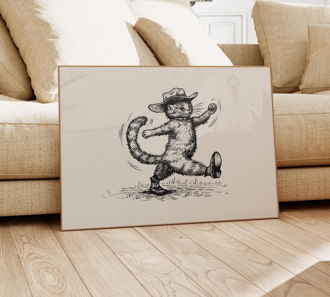 Cowboy Cat Side Profile Stride Walking Western Sketch Poster - Image 4