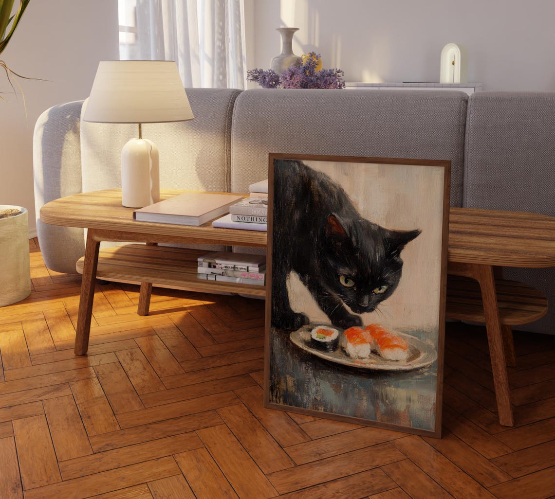 Black Cat Sushi Oil Painting Print Tokyo Art Print Oishii Cat Print Delicious Japanese Food Art Kitchen Wall Art Sushi Art Bcs3 - Image 2