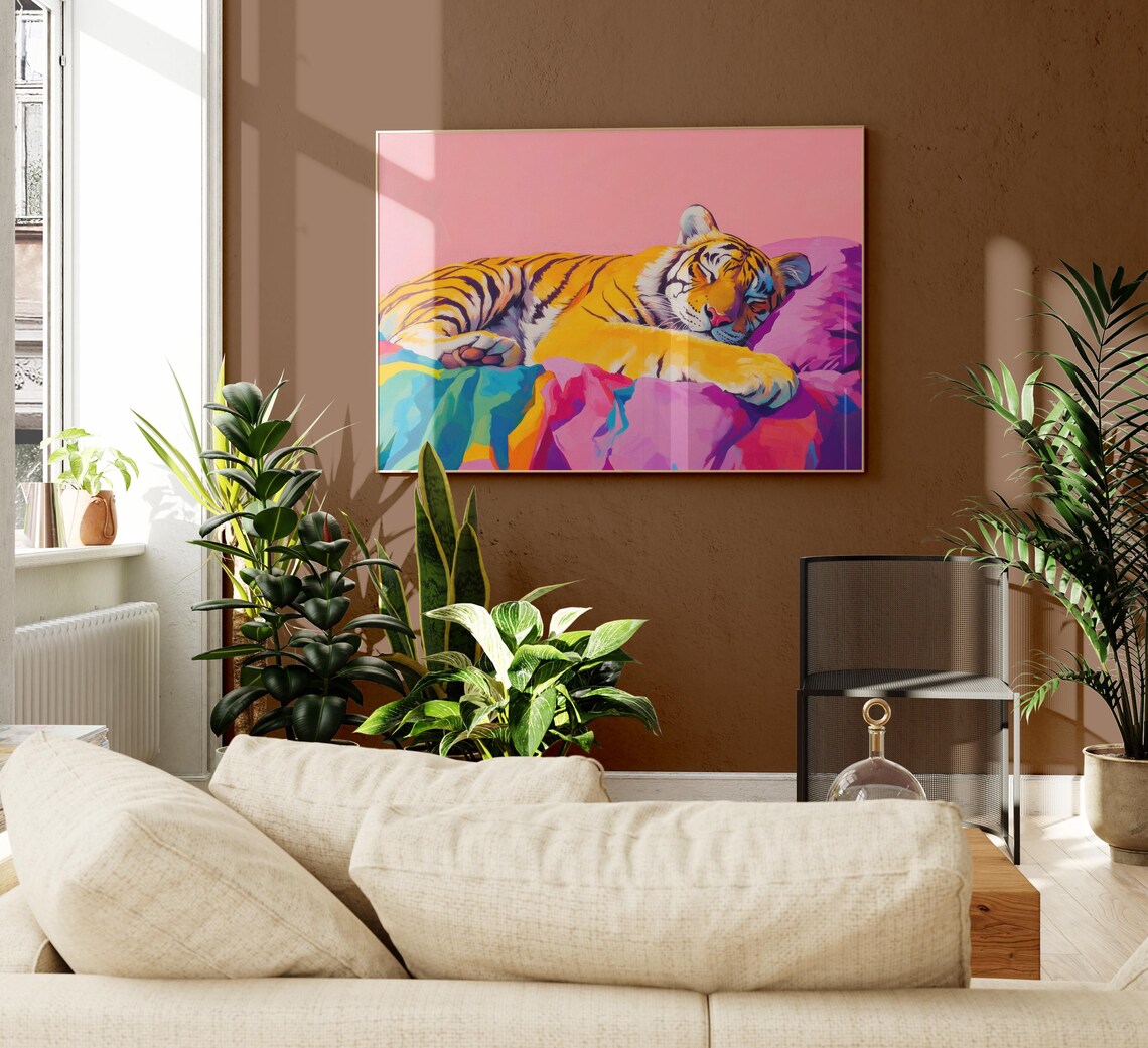 Sleeping Tiger On Purple Pillow Teal Blanket Maximalist Poster - Image 2
