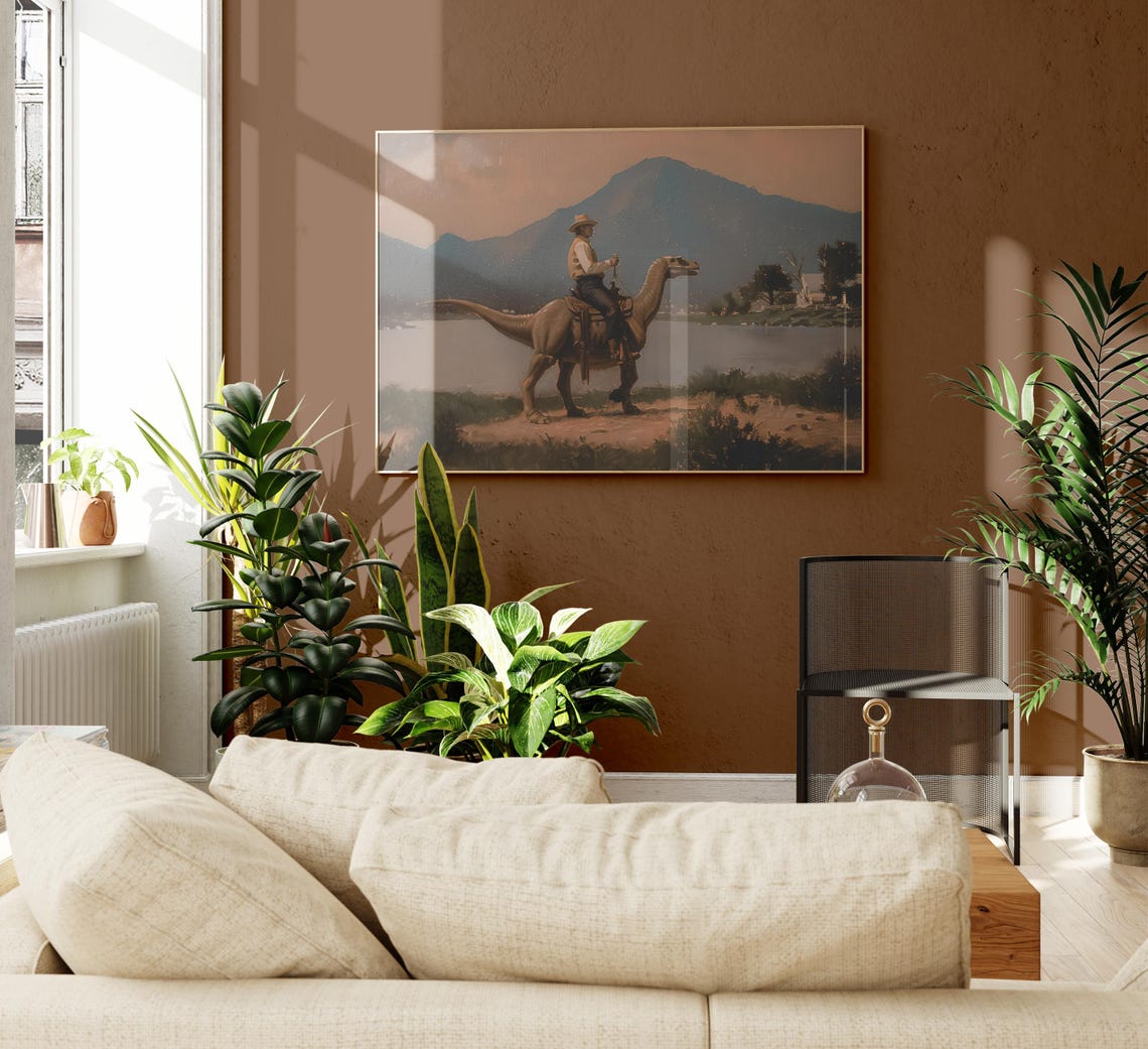 Vintage Dinosaur Cowboy Oil Painting Print Western Jurassic Dinosaur Print Gift For Him Funny Print Vdc13 - Image 2