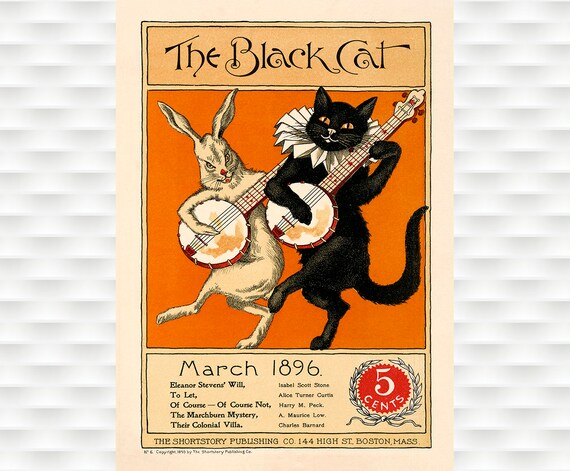 The Black Cat March 1896 Banjo Cat and Rabbit Vintage Magazine Poster